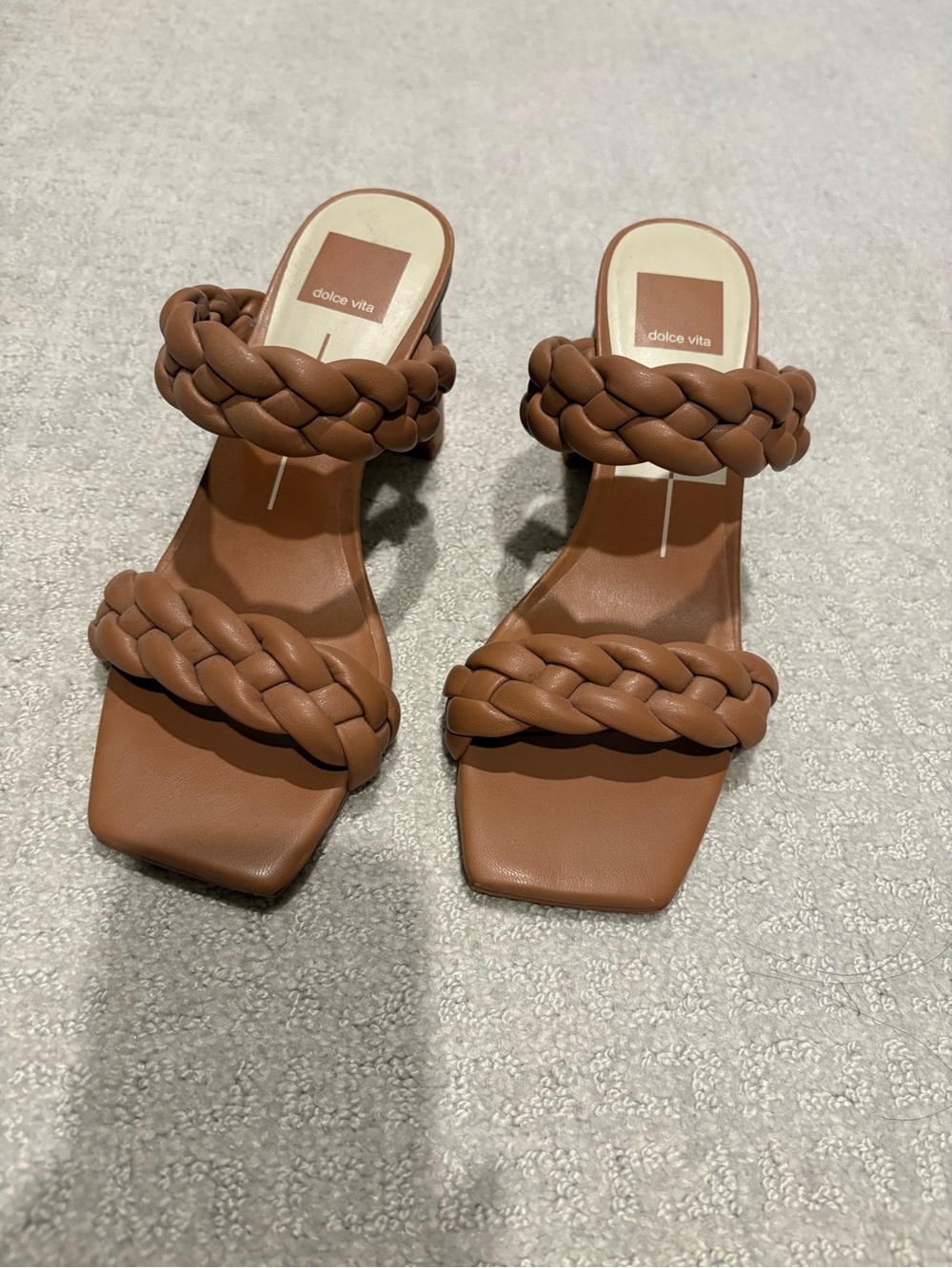 Dolce Vita Braided Double-Strap Heeled Slides in Brown